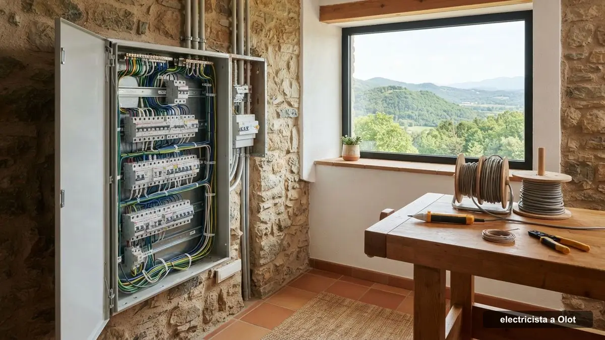 Electricista a Olot revisant el quadre elèctric d'una casa de pedra