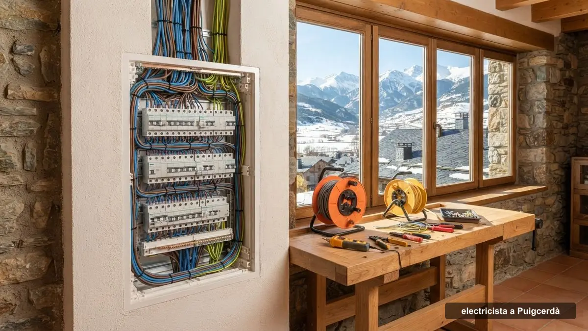 Electricista a Puigcerdà revisant el quadre elèctric d'un pis de muntanya amb neu a la finestra