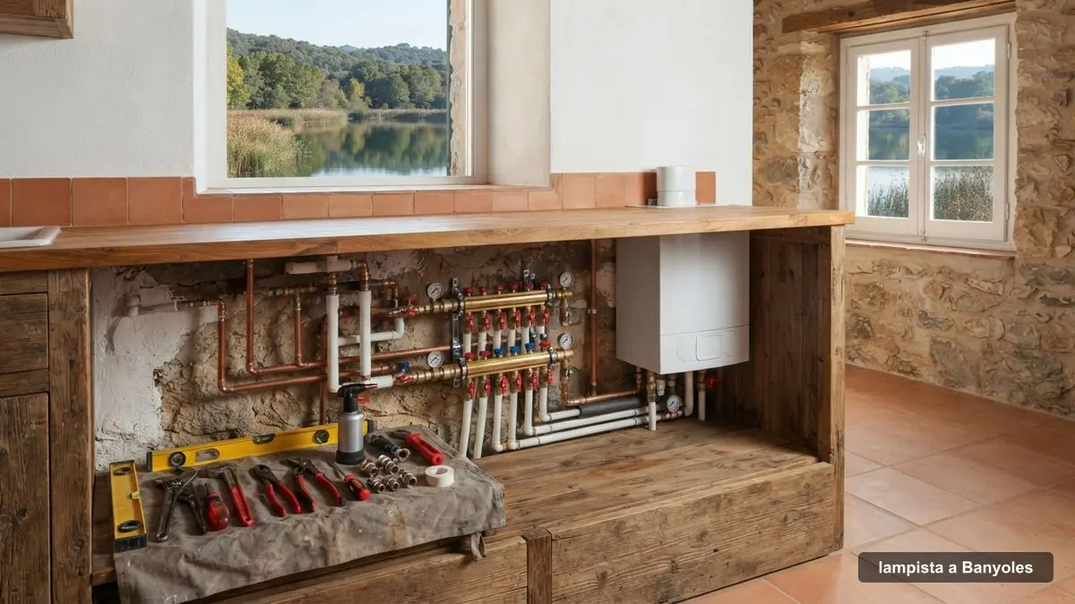 Lampista a Banyoles revisant la canonada d'una casa del nucli antic