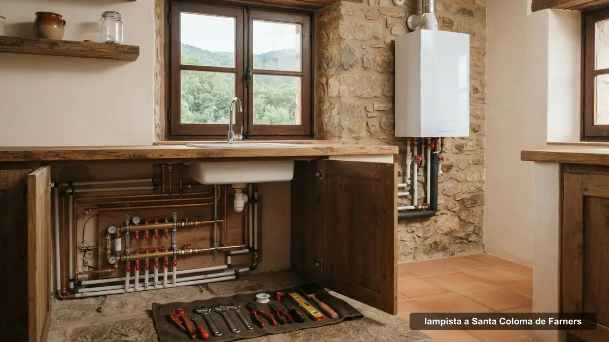 Lampista a Santa Coloma de Farners reparant una caldera en una masia